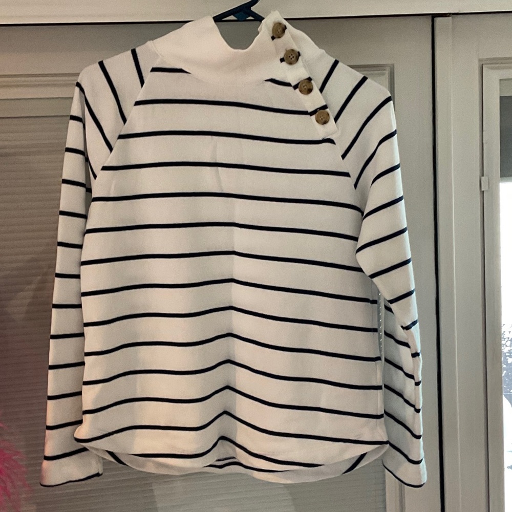 Striped White and Navy JCrew Pullover.